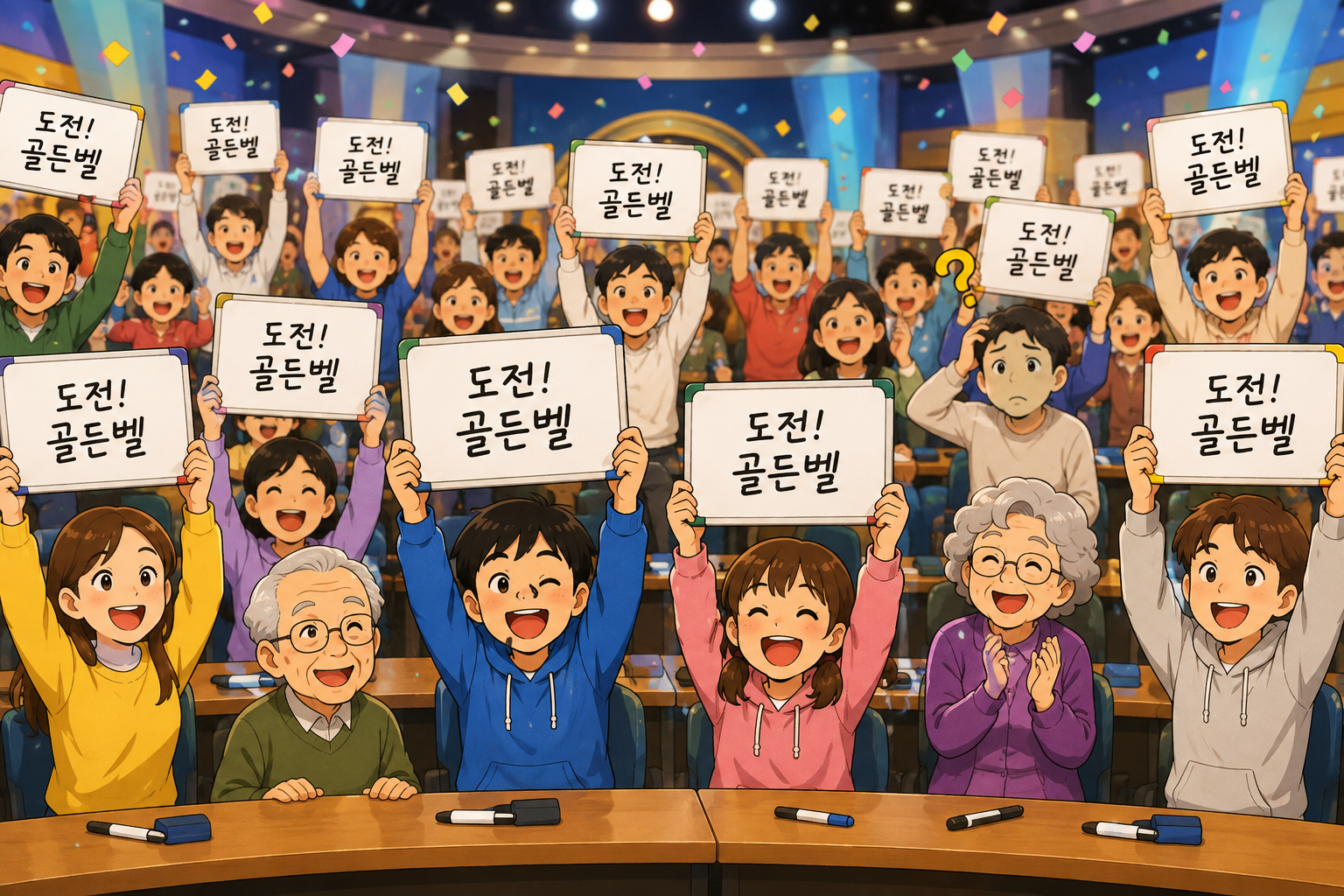 남녀노소 여러 참가자들이 도전 골든벨 화이트보드를 들고 즐겁게 퀴즈에 참여하는 모습