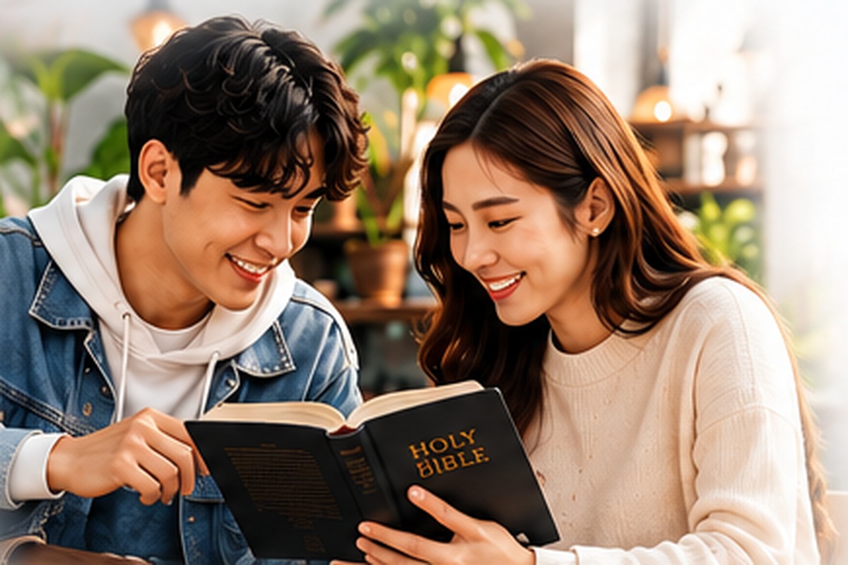 젊은 남녀가 함께 성경을 읽으며 즐겁게 말씀을 나누는 모습