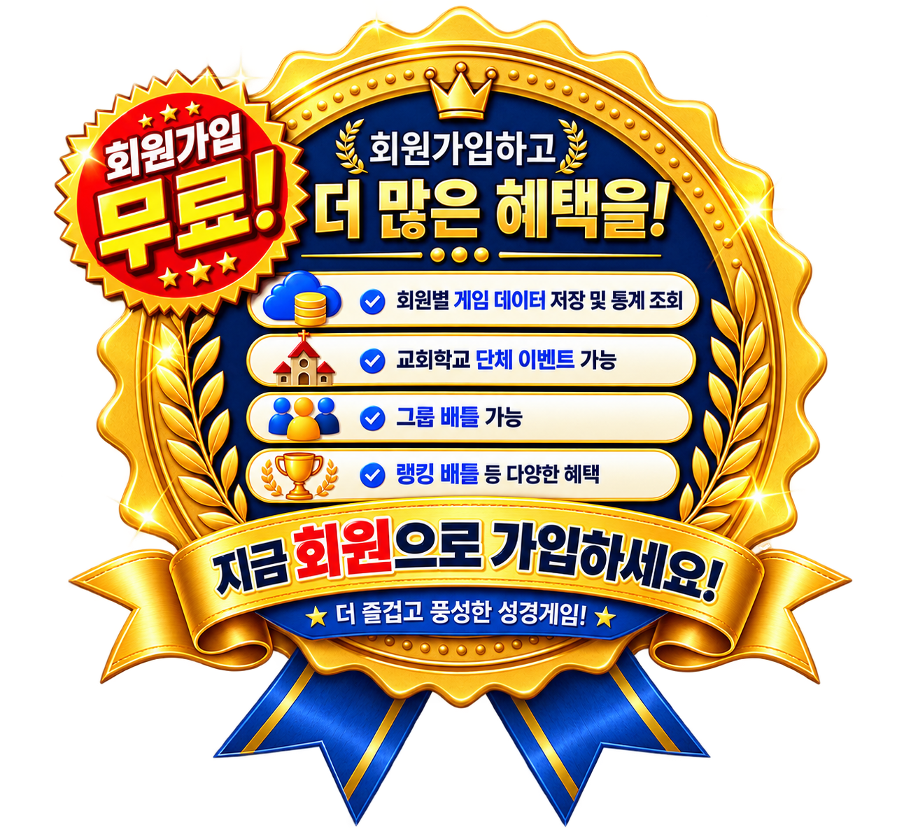 회원가입 혜택: 회원별 게임 데이터 저장 및 통계 조회, 교회학교 단체 이벤트, 그룹 배틀, 랭킹 배틀